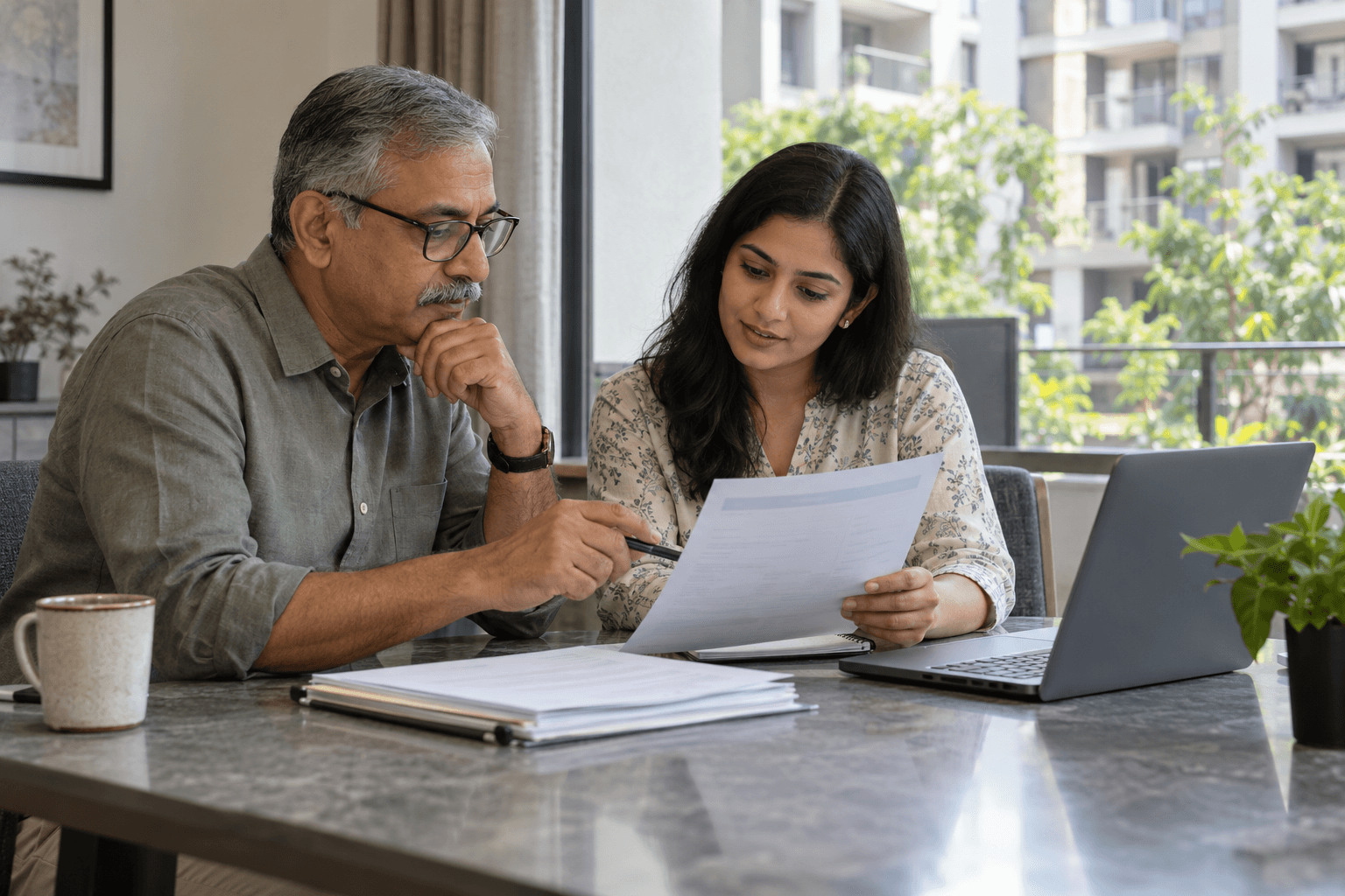 Community members reviewing a document beside a laptop.