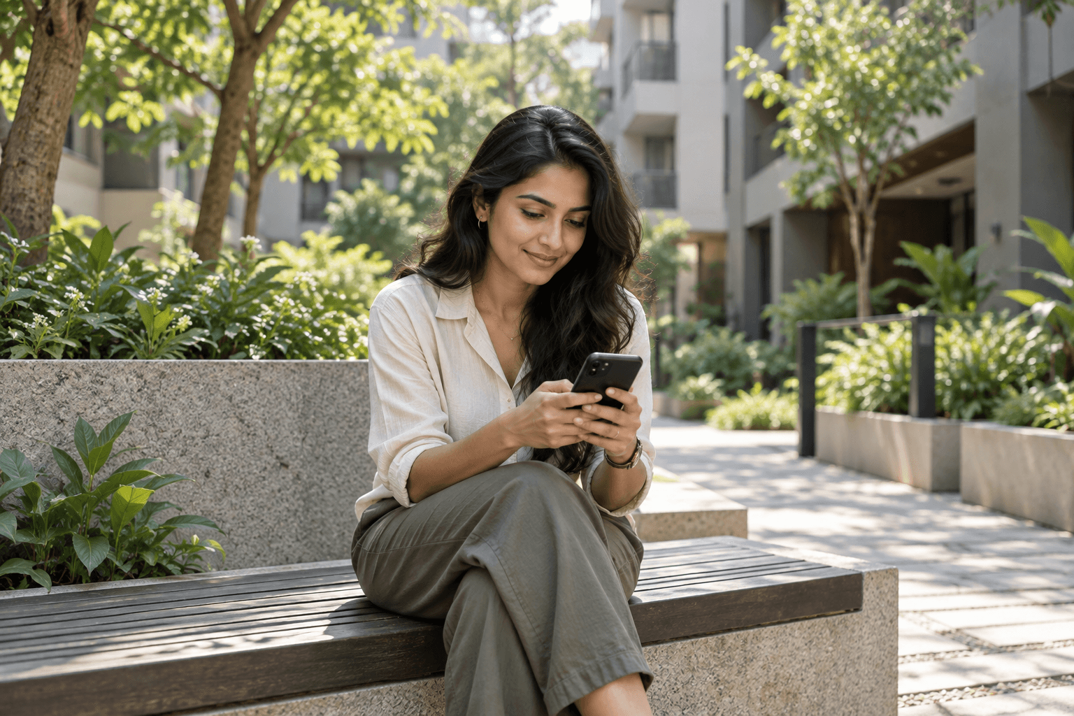 A resident using her phone in a landscaped community courtyard