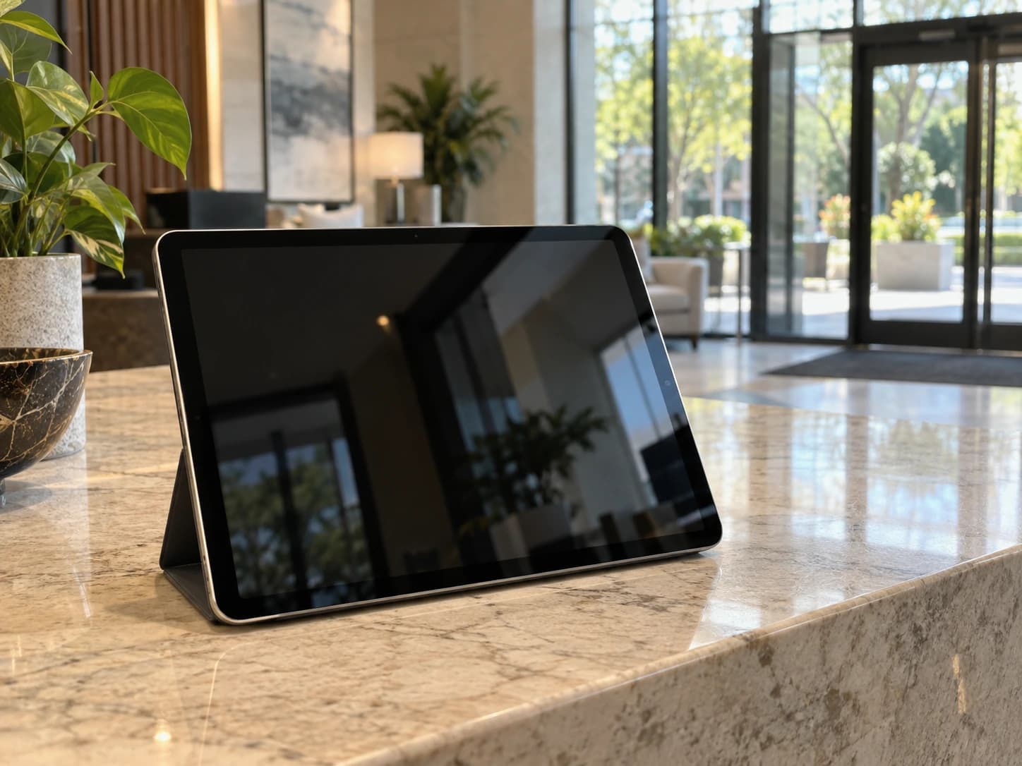 A tablet resting on a reception counter in an apartment community lobby.