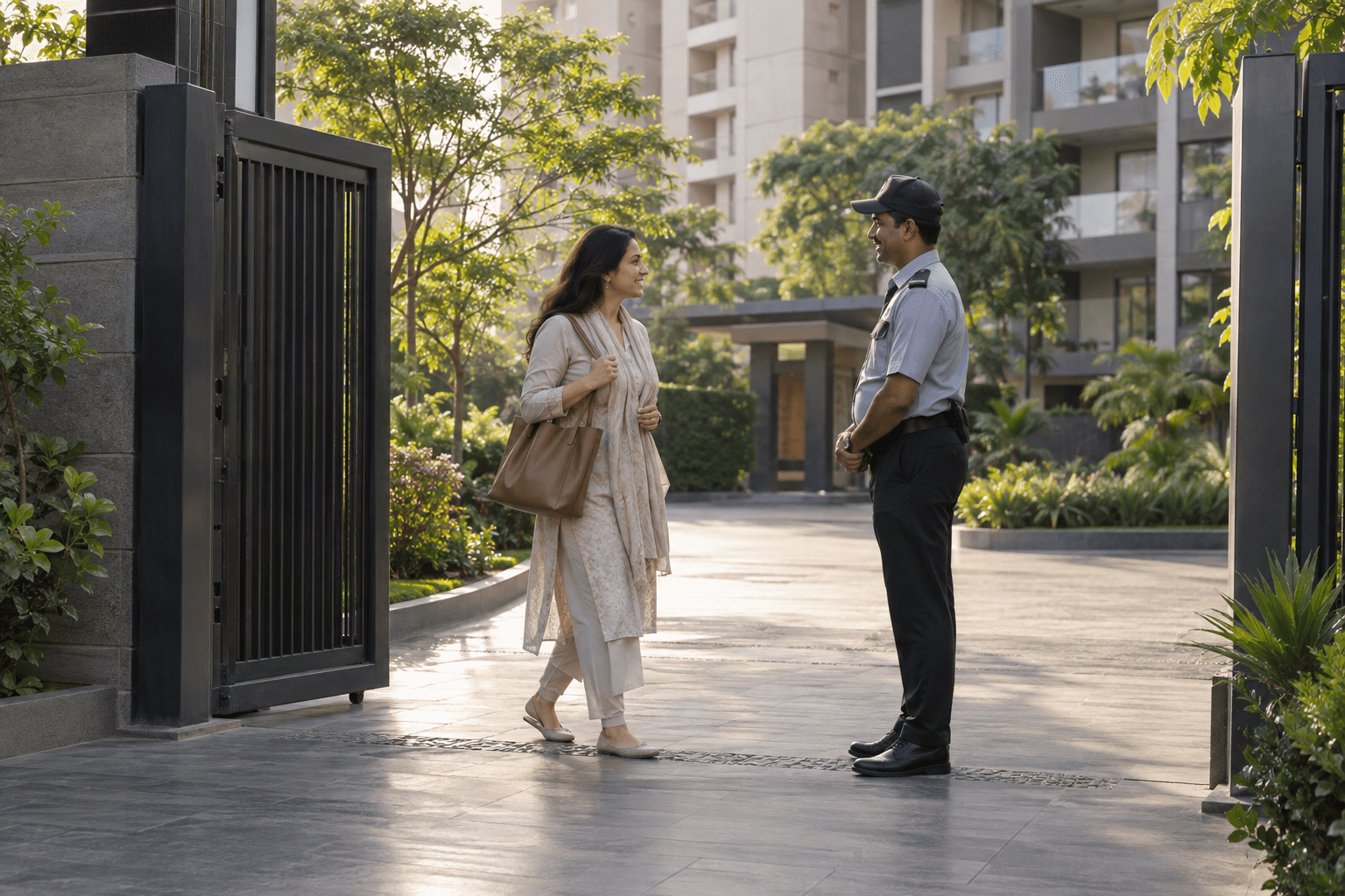 A resident speaking with a community security team member